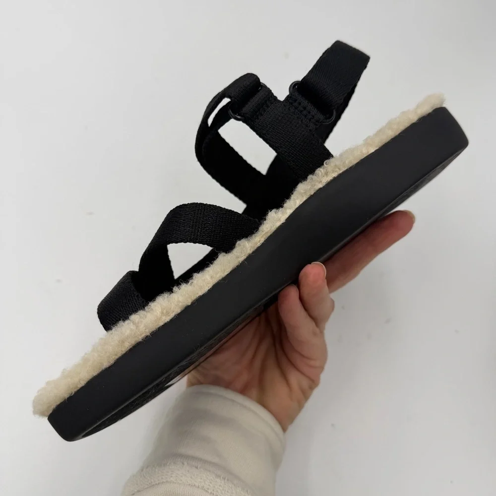 NEW Everlane Black ReNew Teddy Faux Fur Sport Sandal in Size 6